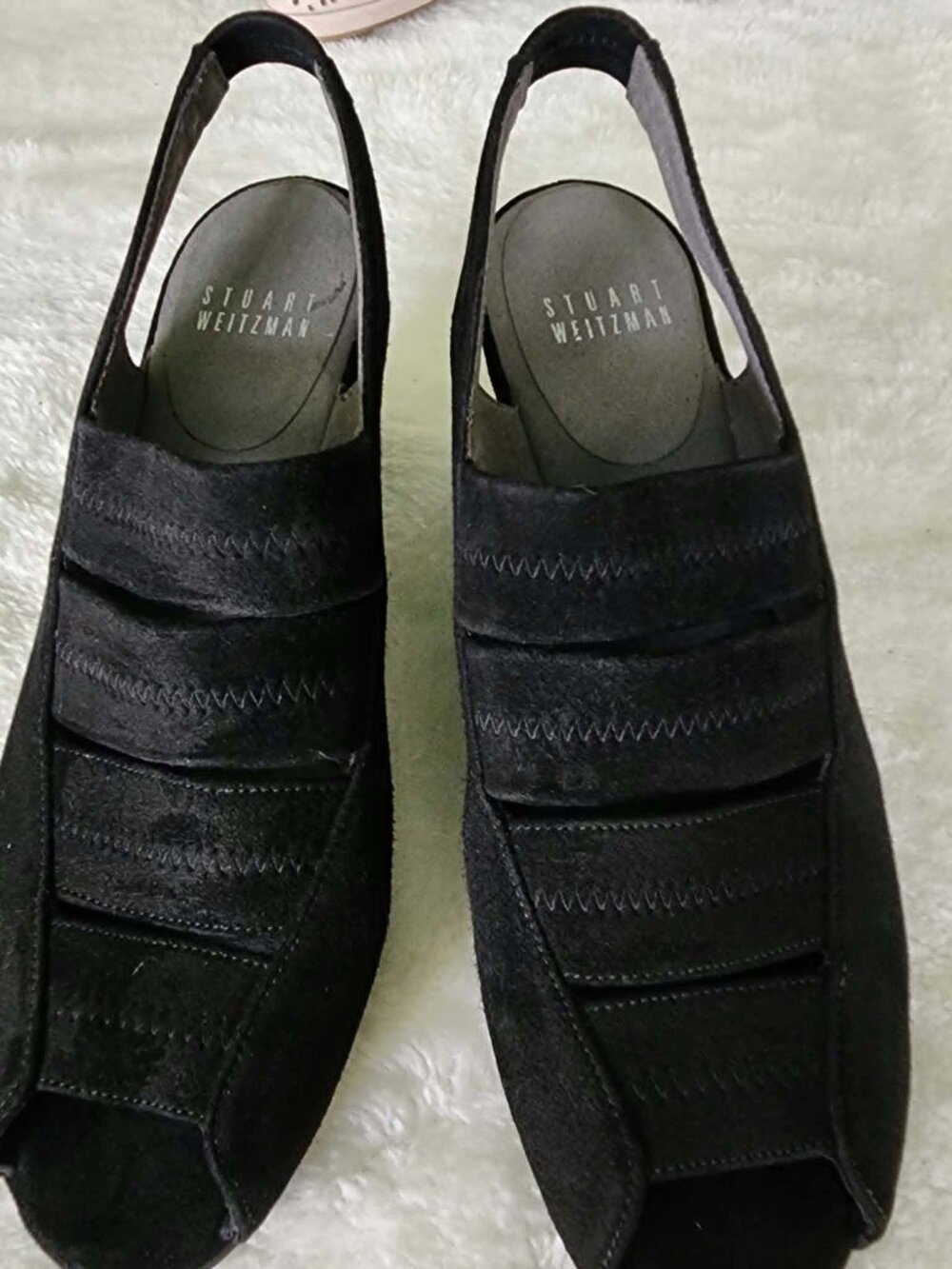 Stuart Weitzman Black Suede Slingback Wedge Sandals Peep Toe Size 6